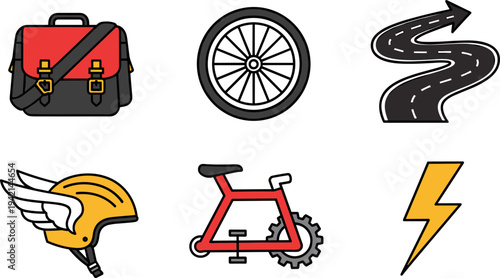 Collection of icons representing cycling, travel, and speed with a briefcase and lightning bolt