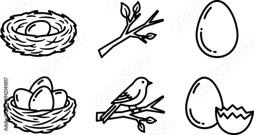 Collection of simple line art icons representing birds, nests, and eggs