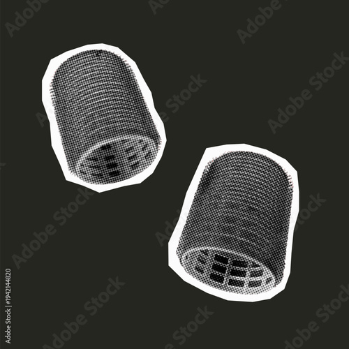 Two hair curlers isolated on dark background in monochrome collage illustration style.