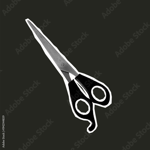 Hair cutting scissors for hairstylists isolated on dark background in monochrome collage style.