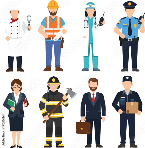 Diverse Professional Characters Representing Various Career Fields Including Healthcare Construction Public Safety and More