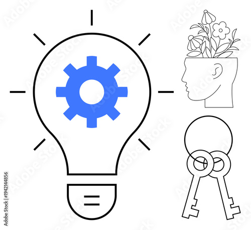 Light bulb with gear highlights innovation, a head with flowers symbolizes creative growth, while two keys suggest solutions and unlocking ideas. Ideal for creativity, problem-solving, innovation