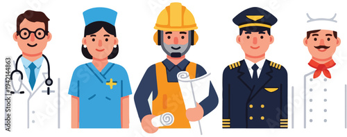 Diverse Professional Workers Representation Including Doctor Nurse Construction Worker Pilot and Chef In Flat Design Style For Career Concepts