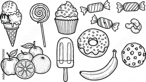 Colorful illustration of various sweet treats and fruits