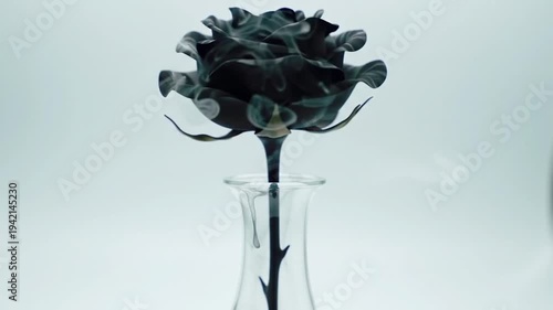 Dark rose in vase against a white background.