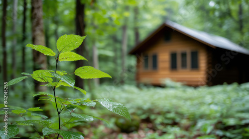 A green leaf with water droplets stands in the foreground of a cabin in a lush forest, showcasing a serene natural environment