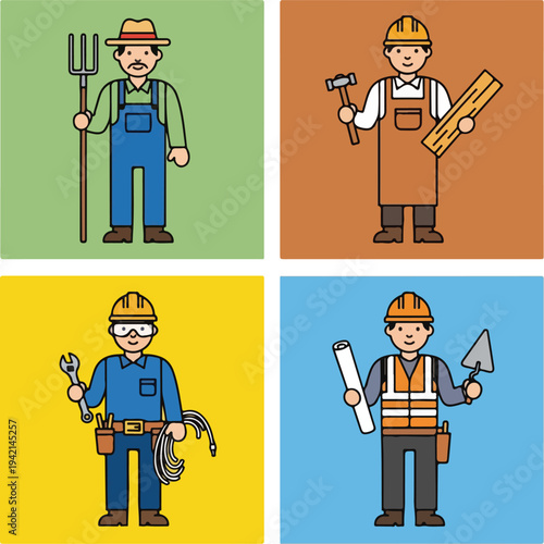 Collection of four diverse cartoon workers in different professions, including a farmer, carpenter, electrician, and builder, each holding relevant tools.
