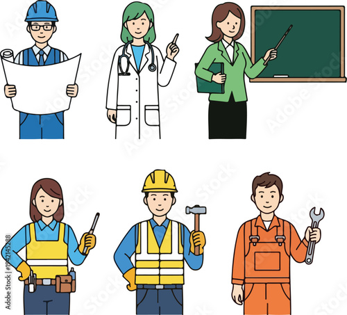 Set of diverse professionals including an engineer, doctor, teacher, and construction workers, each holding relevant tools or items.