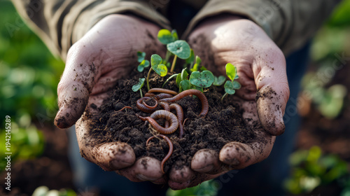 Hands holding soil with sprouting plants and worms