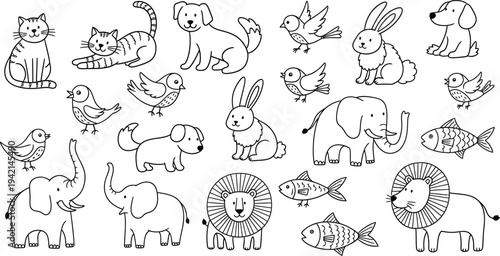 A collection of simple line drawings of various animals