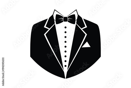 Elegant black tuxedo with bow tie and pocket square, formal evening wear illustration