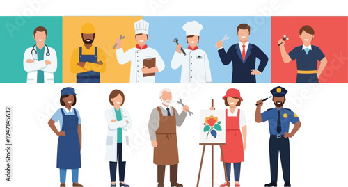 Diverse group of professionals from various occupations standing together, representing different careers and jobs.