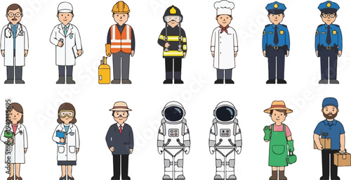 A collection of diverse professionals in uniform, representing various careers and occupations.