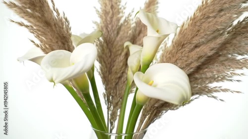 Elegant white calla lilies and dried grasses arranged in a clear vase.