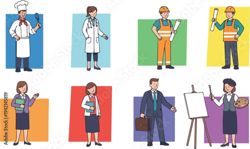 Collection of diverse professionals in cartoon style, representing various careers and occupations.