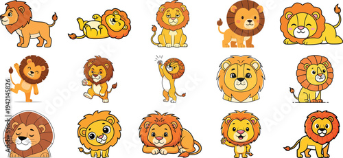 Collection of cartoon lions in various poses and expressions
