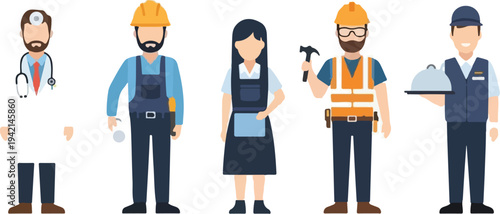 Diverse group of professionals including a doctor, construction workers, a chef, and a waitress, depicted in a flat design style.