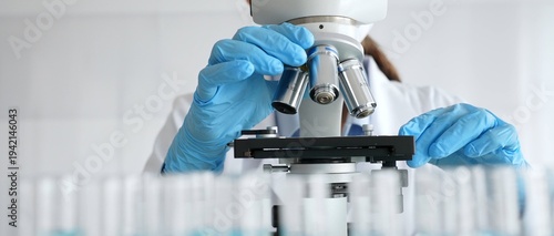 Foto Female scientist wearing protective equipment checking microscope, analyzing blue test tubes in modern laboratory research setting