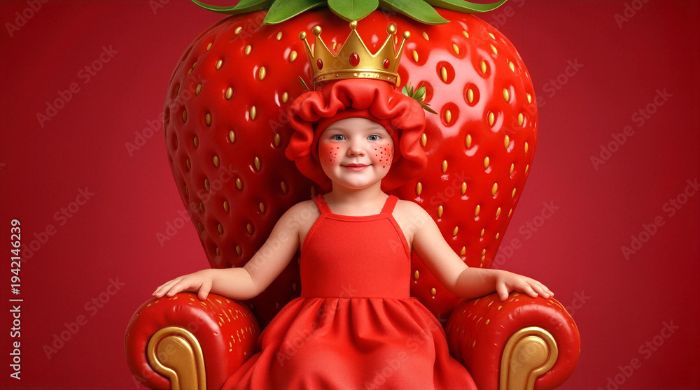 Fototapeta premium Little girl wearing crown and strawberry costume sitting on fruit throne. Surreal portrait of a preschooler as a berry queen in a red studio setting.