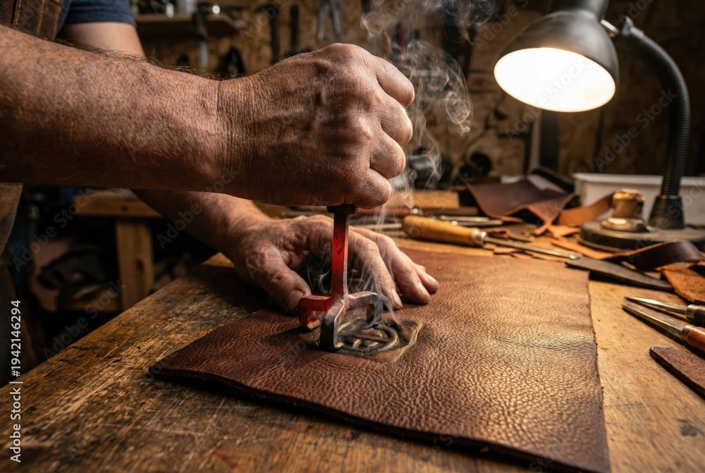 © Stitch - Artisan hands pressing hot branding iron stamp onto piece of leather © Stitch - Artisan hands pressing hot branding iron stamp onto piece of leather