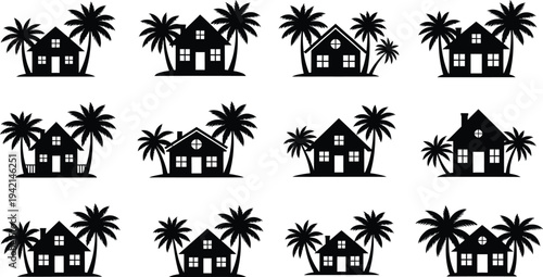 Tropical house silhouettes with palm trees