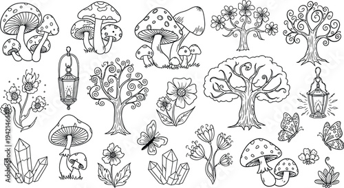 A collection of whimsical illustrations of mushrooms and trees