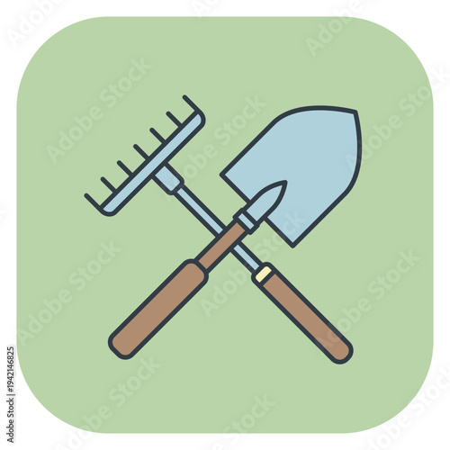 Crossed garden rake and shovel icon for spring gardening and soil cultivation. Vector illustration for spring design