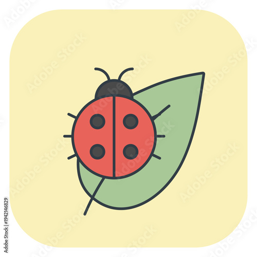 Flat icon of a red ladybug sitting on a green leaf. Vector illustration for spring design