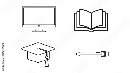 Computer Monitor Open Book Graduation Cap and Pencil Icon Set for Education Learning and Academic Technology Vector Illustration