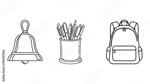 School Supplies Backpack Bell and Pencil Holder Icon for Education Learning and Academic Preparation Vector Illustration