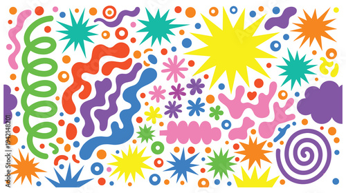 Vibrant abstract design with various colorful shapes, stars and squiggles