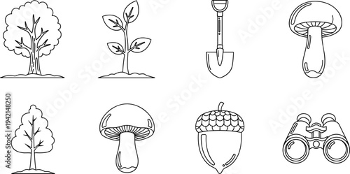 Collection of simple line art icons representing nature and outdoor activities