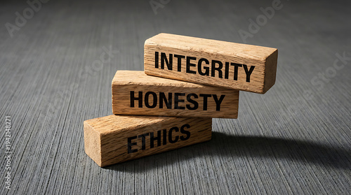 Wooden blocks with integrity, honesty, and ethics written on them