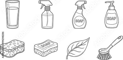 Collection of cleaning supplies and hygiene items in a simple line art style