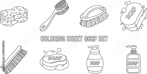 Collection of cleaning and hygiene items for a coloring sheet activity