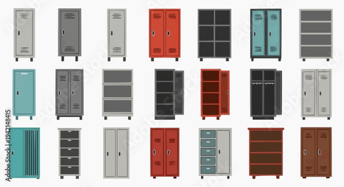 Collection of diverse metal and wooden lockers and cabinets, designed in multiple shapes and styles