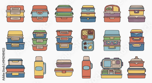 Collection of Lunch Boxes in various shapes and colors, perfect for storing food. Featuring meal prep containers and a thermos.