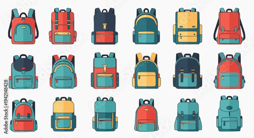Colorful school backpacks of various designs, ideal for education or travel. The collection showcases different styles, patterns, and colors of backpacks