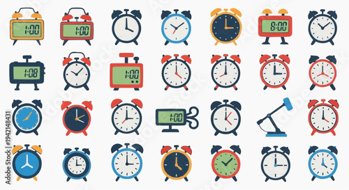 A collection of vintage and modern alarm clocks with diverse designs and functionality. Each clock is meticulously crafted, showcasing various styles and designs.