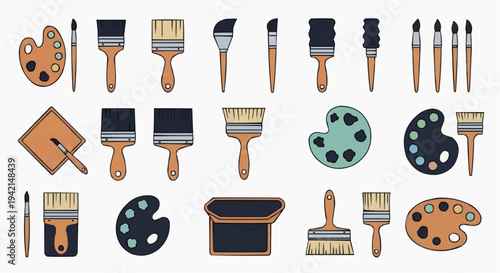 An assortment of paintbrushes and palettes arranged together in an image