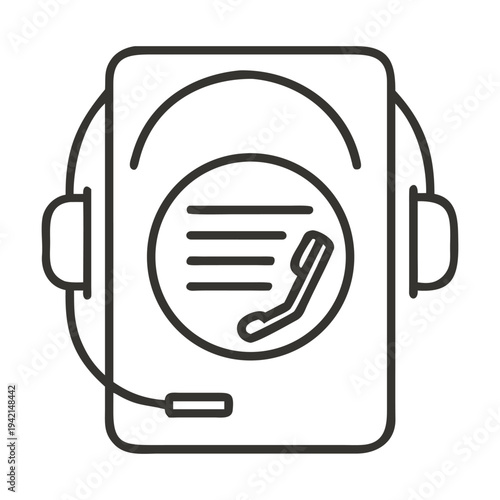Minimalist icon of customer service with headset and document, representing support, communication, and assistance, isolated on
