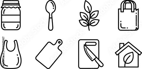 Collection of simple line art icons representing eco-friendly living and kitchen essentials