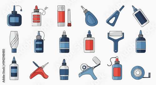 An array of crafting glue and adhesives, with various types and designs displayed neatly