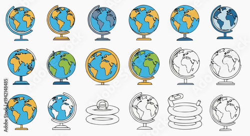 Various globes in different styles and designs, representing different geographical concepts and studies