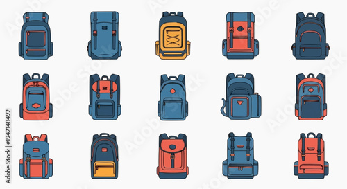 Colorful backpacks collection ready for travel, hiking, camping, and adventure