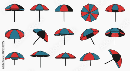 Colorful array of open umbrellas. Red, blue, and black striped sun umbrellas, representing a sunny, summer, vacation atmosphere
