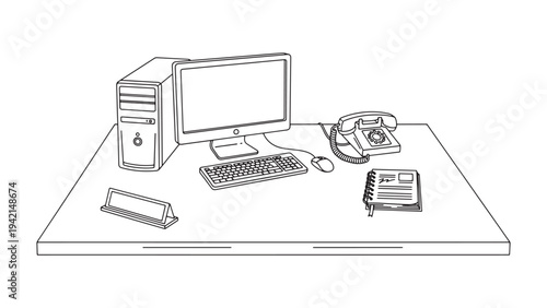 Office Desk Workspace Illustration with Desktop Computer Telephone and Stationery for Corporate and Home Office Setup