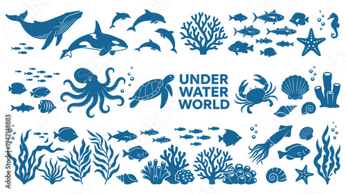 Underwater world with various sea creatures and marine plants in blue