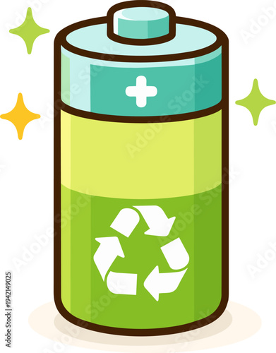 Green rechargeable battery with recycling symbol, symbolizing sustainability and eco-friendly energy solutions. Ideal for environmental awareness and renewable energy concepts.