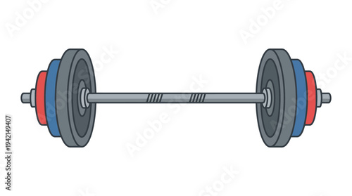 Flat vector outline illustration of a barbell with weight plates, fitness training equipment concept